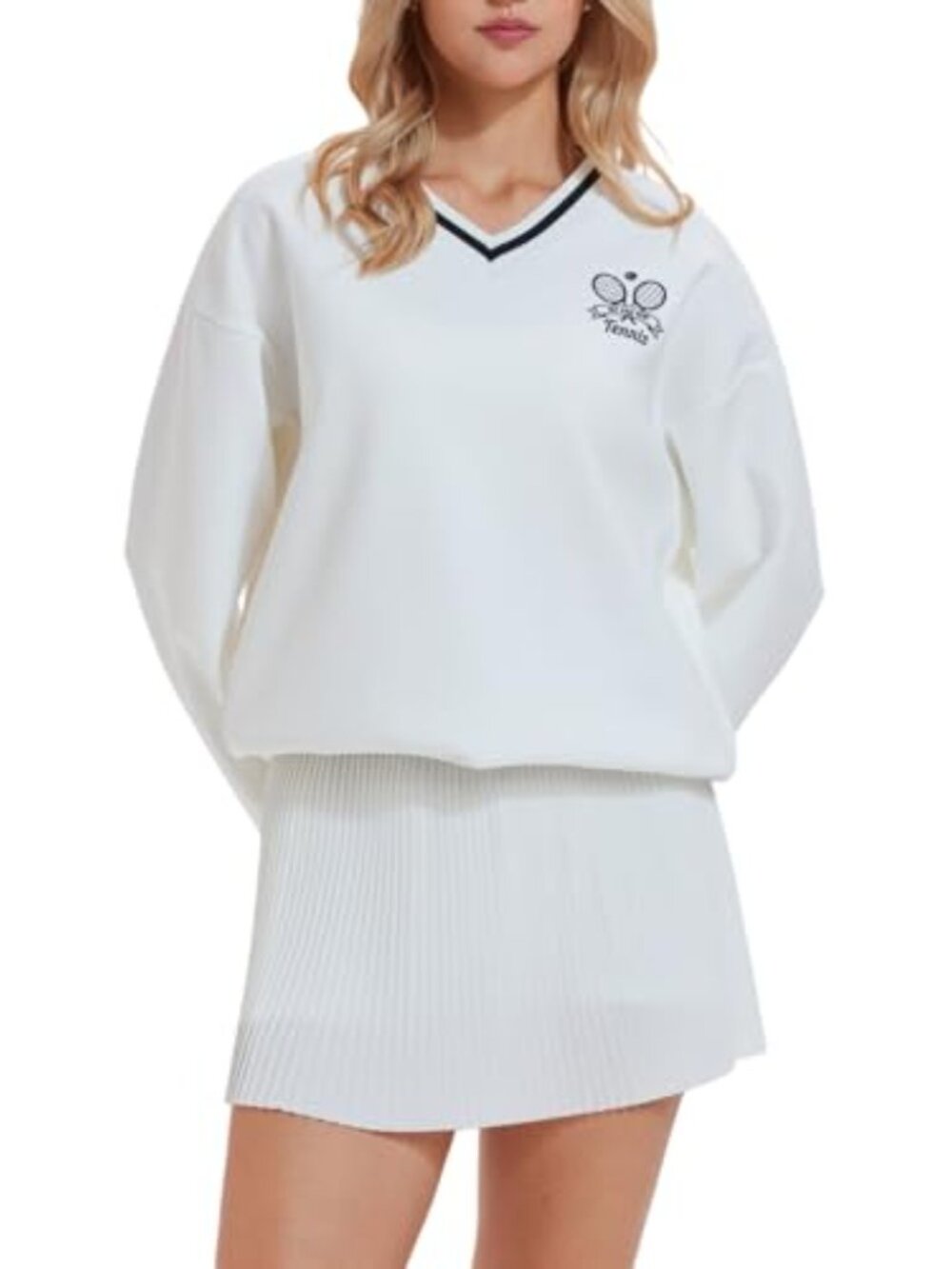 Women 2 Piece Tennis Skirt Set Athletic Sweater Skort Y2K Preppy Lounge - Picture 2 of 6